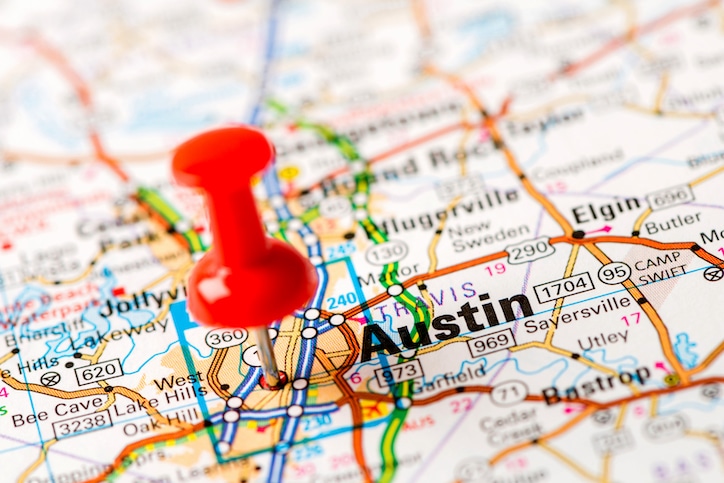 US capital cities on map series: Austin, TX